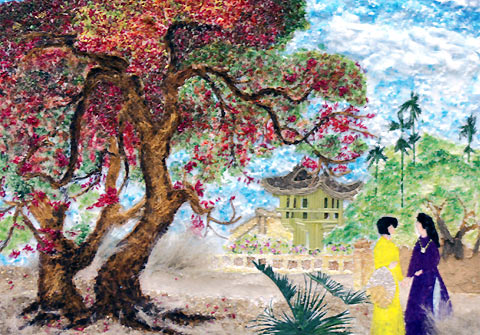 Paintings made of rice and tree bark